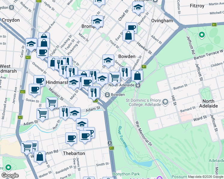map of restaurants, bars, coffee shops, grocery stores, and more near 4 Third Street in Bowden