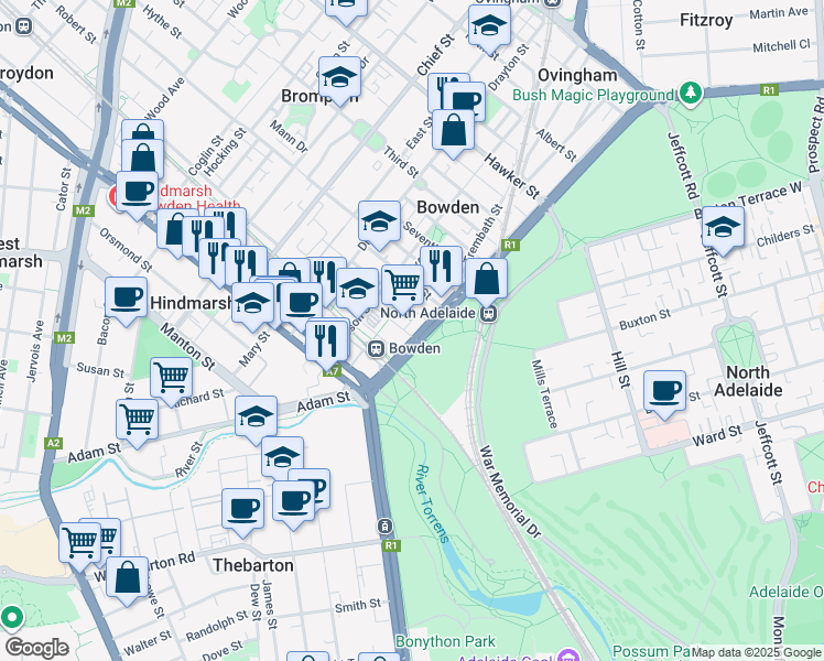 map of restaurants, bars, coffee shops, grocery stores, and more near 12 Park Terrace in Bowden