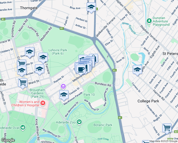 map of restaurants, bars, coffee shops, grocery stores, and more near 89 Melbourne Street in North Adelaide