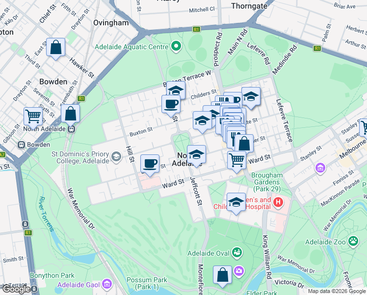 map of restaurants, bars, coffee shops, grocery stores, and more near Wellington Square in North Adelaide