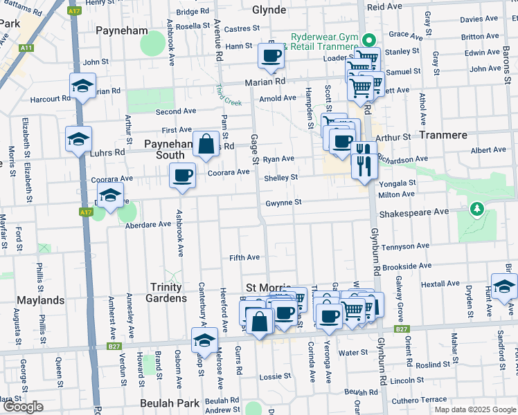 map of restaurants, bars, coffee shops, grocery stores, and more near Gage Street in The City of Norwood Payneham and St Peters