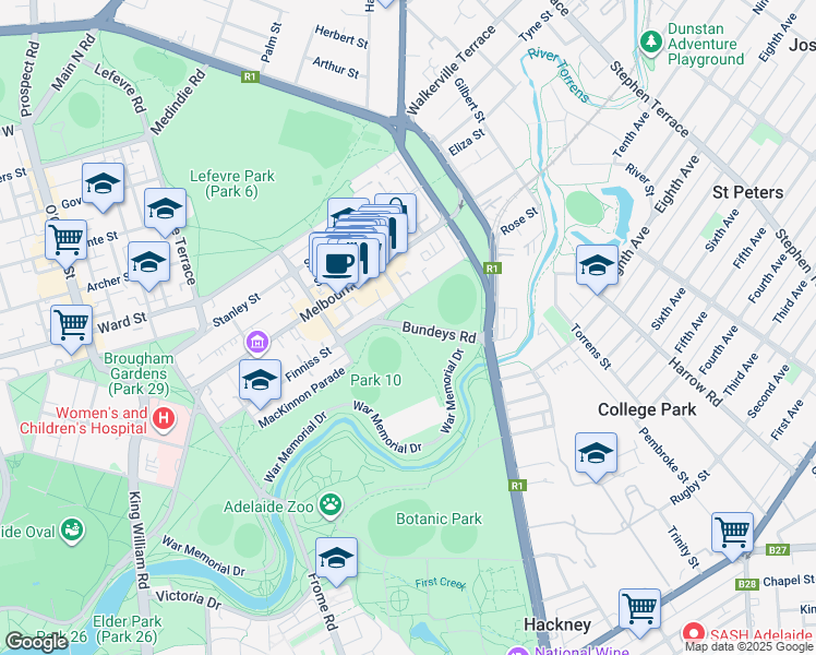 map of restaurants, bars, coffee shops, grocery stores, and more near Bundeys Road in North Adelaide