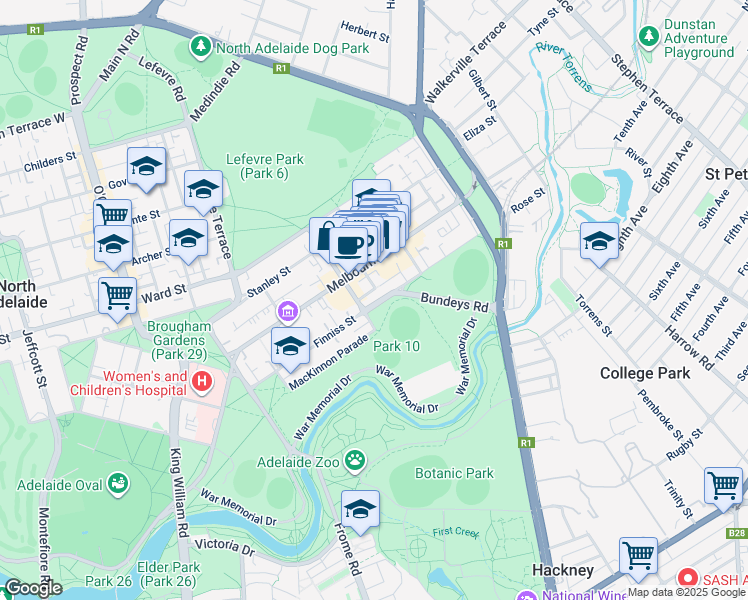 map of restaurants, bars, coffee shops, grocery stores, and more near 74 MacKinnon Parade in North Adelaide