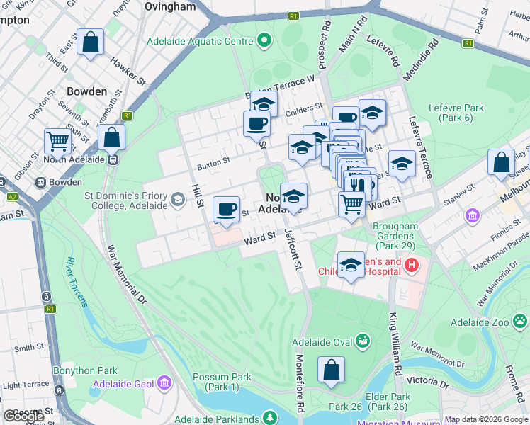 map of restaurants, bars, coffee shops, grocery stores, and more near 1 Barnard Street in North Adelaide