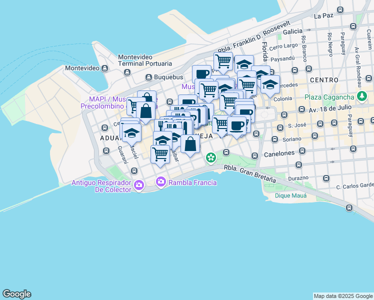 map of restaurants, bars, coffee shops, grocery stores, and more near Buenos Aires in Montevideo