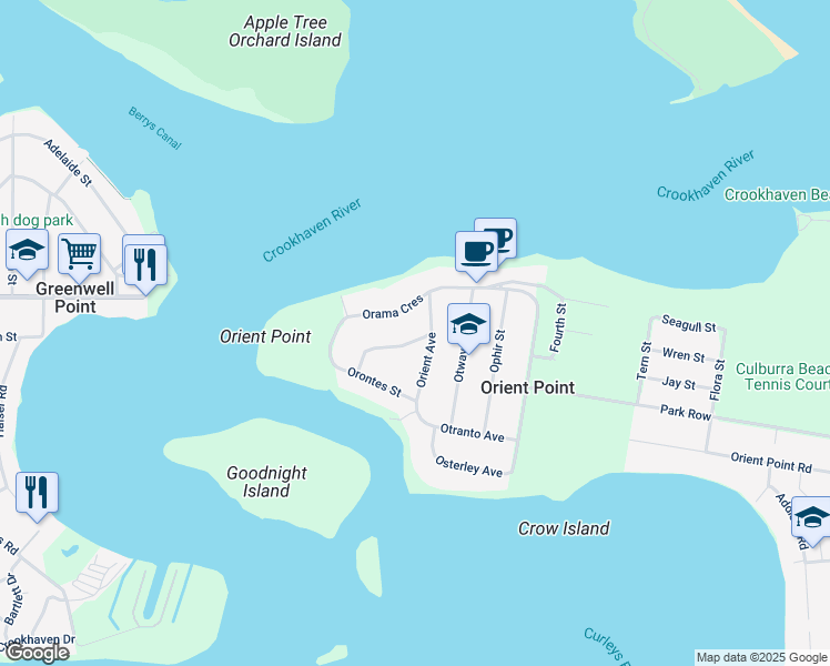 map of restaurants, bars, coffee shops, grocery stores, and more near 33 Ormonde Crescent in Orient Point