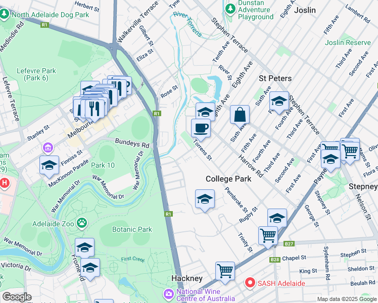 map of restaurants, bars, coffee shops, grocery stores, and more near Richmond Street in College Park