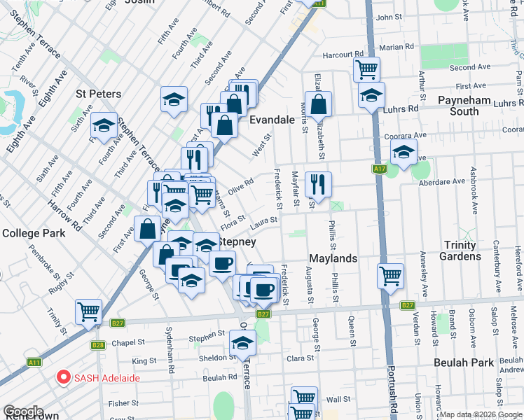 map of restaurants, bars, coffee shops, grocery stores, and more near 21 Flora Street in Stepney
