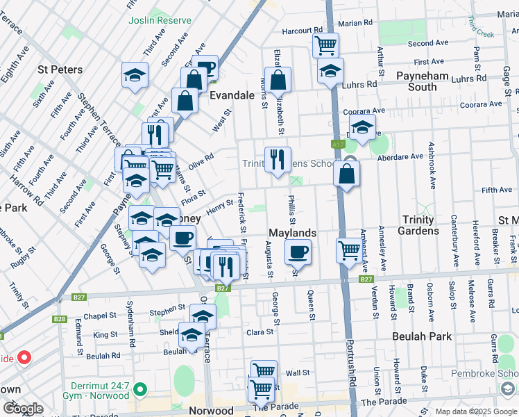 map of restaurants, bars, coffee shops, grocery stores, and more near 44A Augusta Street in Maylands