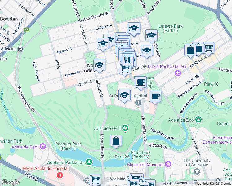 map of restaurants, bars, coffee shops, grocery stores, and more near Palmer Place in North Adelaide