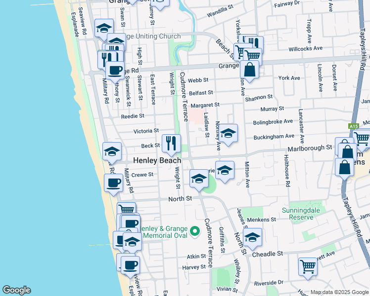 map of restaurants, bars, coffee shops, grocery stores, and more near in Henley Beach