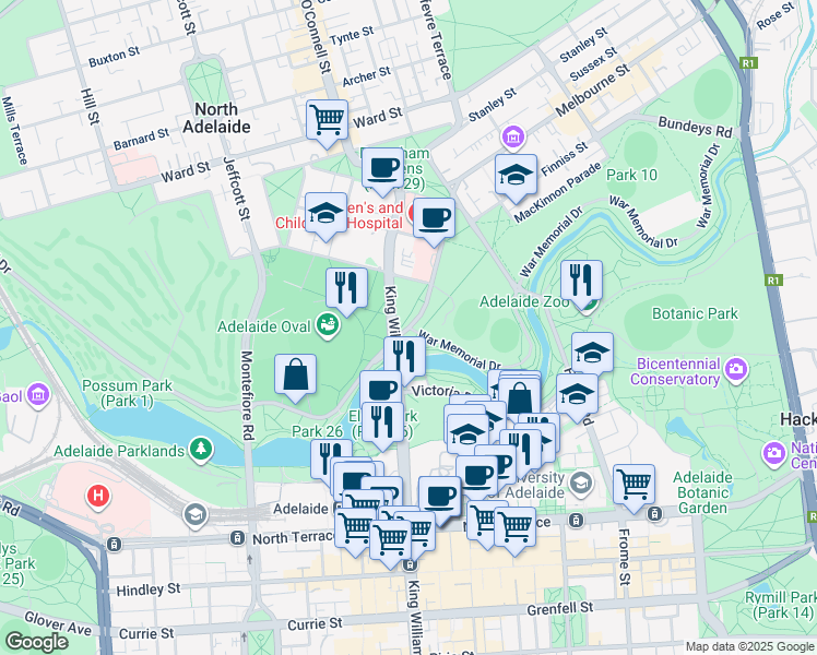 map of restaurants, bars, coffee shops, grocery stores, and more near War Memorial Drive in North Adelaide