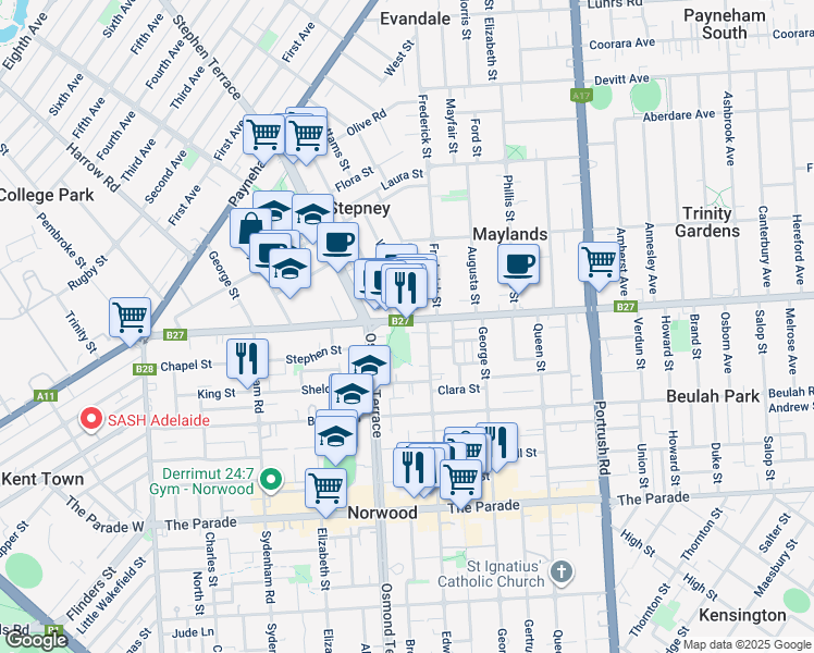 map of restaurants, bars, coffee shops, grocery stores, and more near 134 Magill Road in Norwood