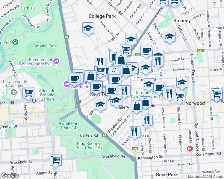 map of restaurants, bars, coffee shops, grocery stores, and more near 76 Rundle Street in Kent Town