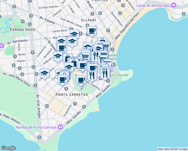 map of restaurants, bars, coffee shops, grocery stores, and more near 720 Roque Graseras in Montevideo