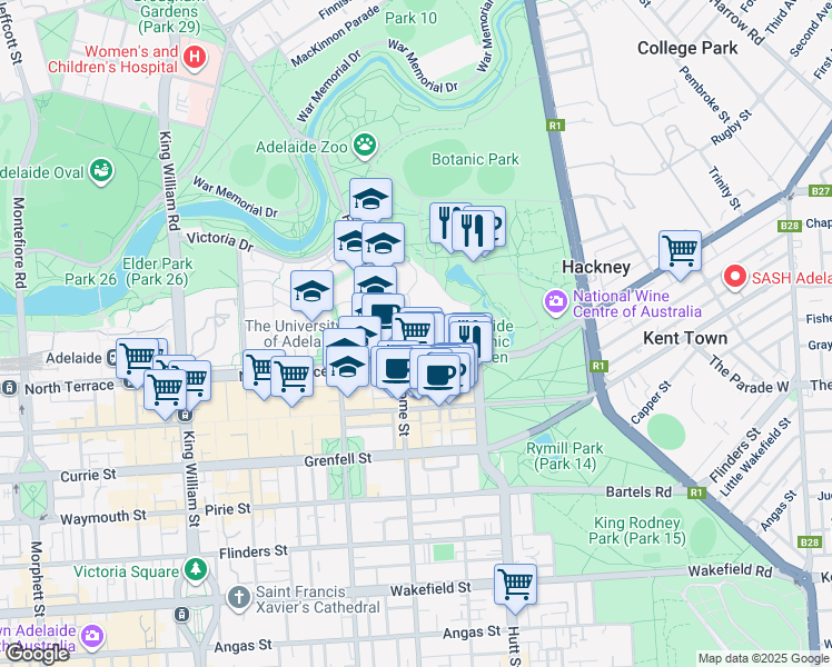 map of restaurants, bars, coffee shops, grocery stores, and more near Frome Road in Adelaide