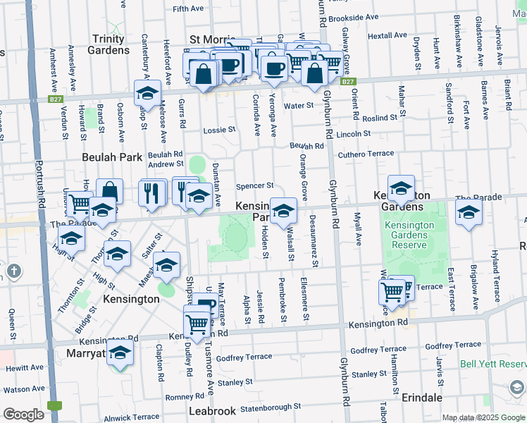map of restaurants, bars, coffee shops, grocery stores, and more near The Parade in Kensington Park