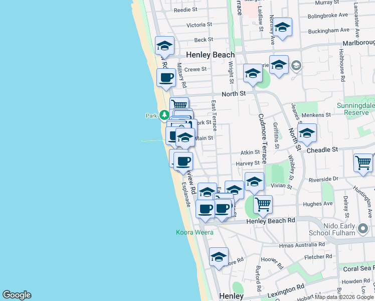 map of restaurants, bars, coffee shops, grocery stores, and more near 316 Seaview Road in Henley Beach