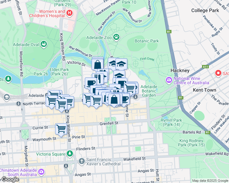 map of restaurants, bars, coffee shops, grocery stores, and more near in Adelaide