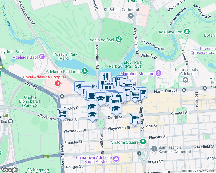 map of restaurants, bars, coffee shops, grocery stores, and more near North Terrace in Adelaide