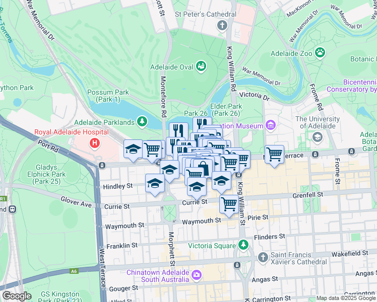 map of restaurants, bars, coffee shops, grocery stores, and more near North Terrace in Adelaide