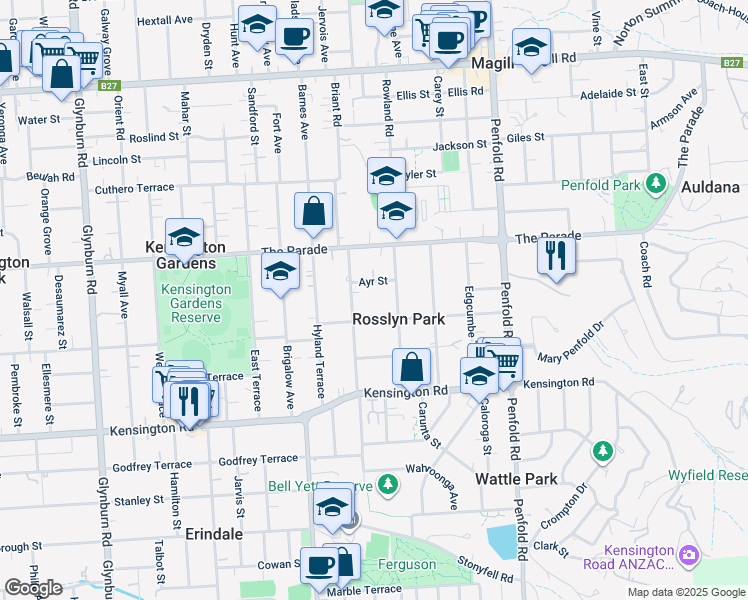 map of restaurants, bars, coffee shops, grocery stores, and more near 15 Park Avenue in Rosslyn Park