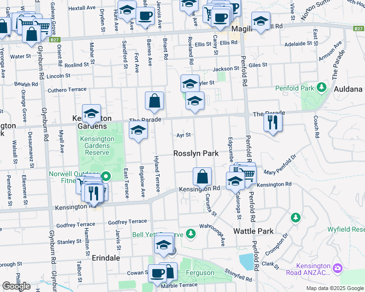 map of restaurants, bars, coffee shops, grocery stores, and more near 15 Park Avenue in Rosslyn Park