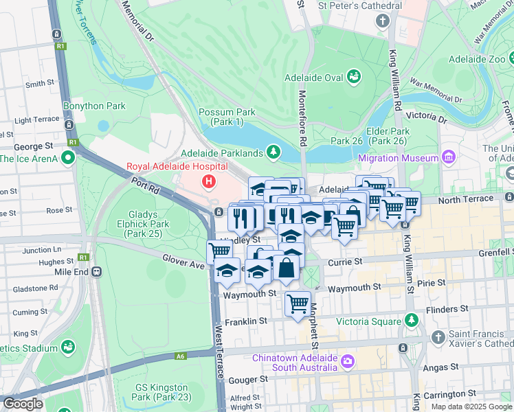 map of restaurants, bars, coffee shops, grocery stores, and more near 2 North Terrace in Adelaide