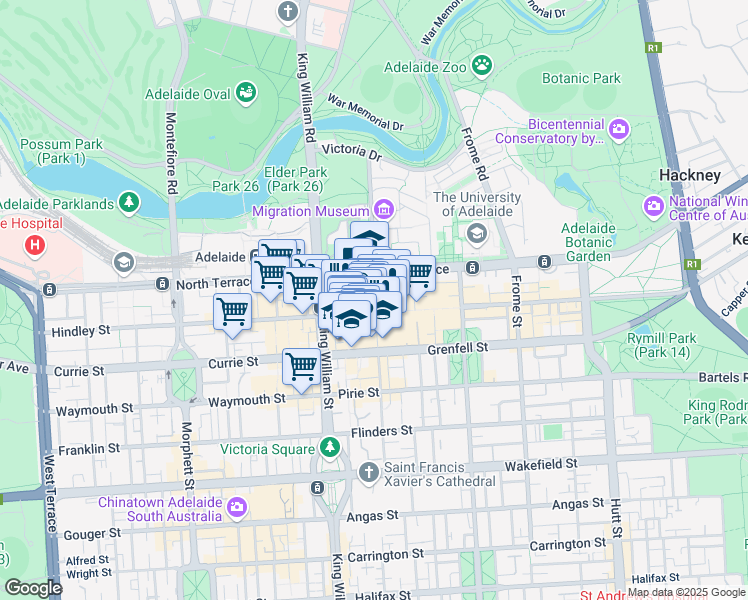 map of restaurants, bars, coffee shops, grocery stores, and more near 65 Rundle Mall in Adelaide