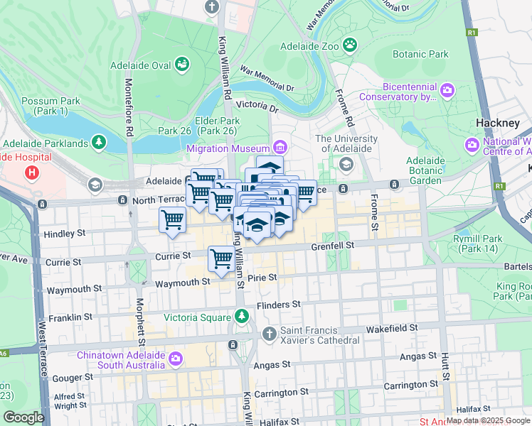 map of restaurants, bars, coffee shops, grocery stores, and more near 65 Rundle Mall in Adelaide