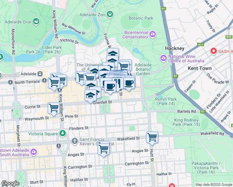 map of restaurants, bars, coffee shops, grocery stores, and more near 45 York Street in Adelaide