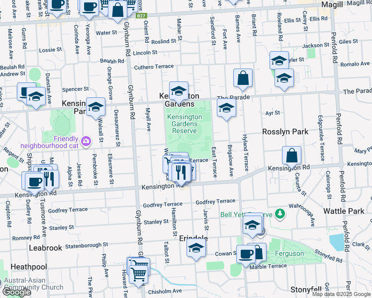 map of restaurants, bars, coffee shops, grocery stores, and more near 422 The Parade in Kensington Gardens