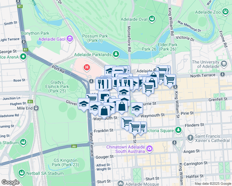 map of restaurants, bars, coffee shops, grocery stores, and more near in Adelaide