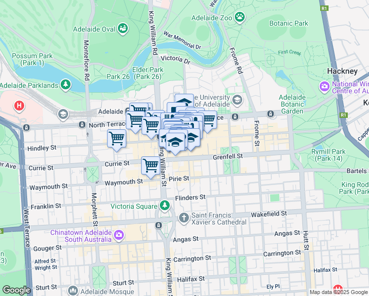 map of restaurants, bars, coffee shops, grocery stores, and more near 55 Gawler Place in Adelaide