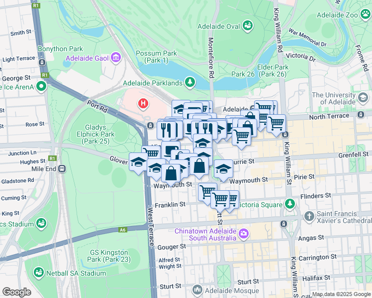 map of restaurants, bars, coffee shops, grocery stores, and more near 217 Hindley Street in Adelaide