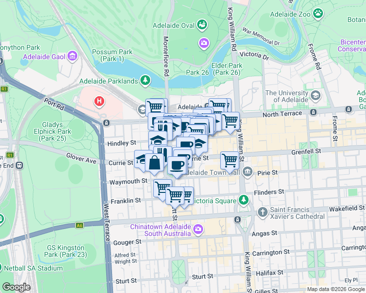 map of restaurants, bars, coffee shops, grocery stores, and more near 2 Light Square in Adelaide