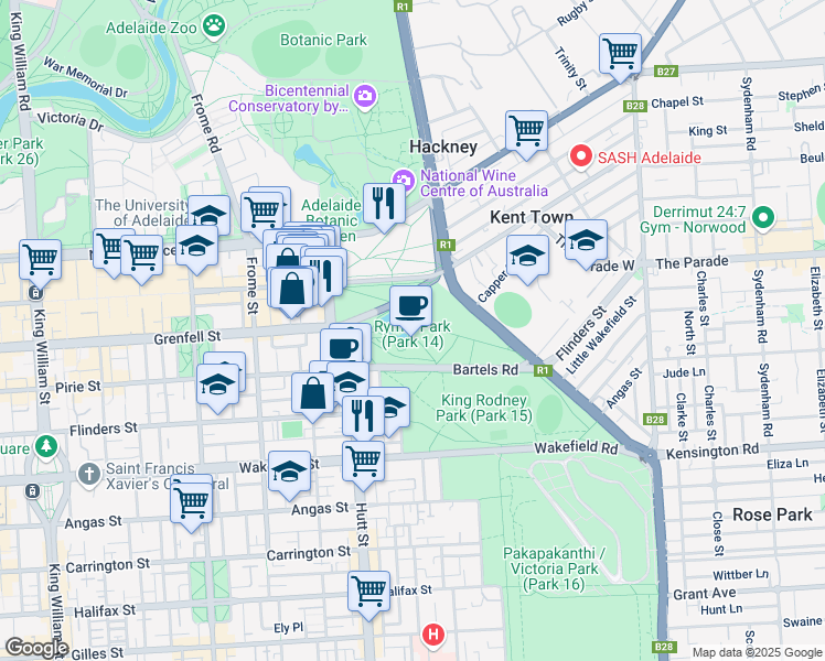 map of restaurants, bars, coffee shops, grocery stores, and more near East Terrace in Adelaide