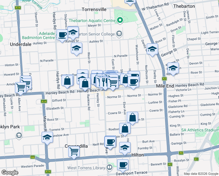 map of restaurants, bars, coffee shops, grocery stores, and more near 176 Henley Beach Road in Torrensville