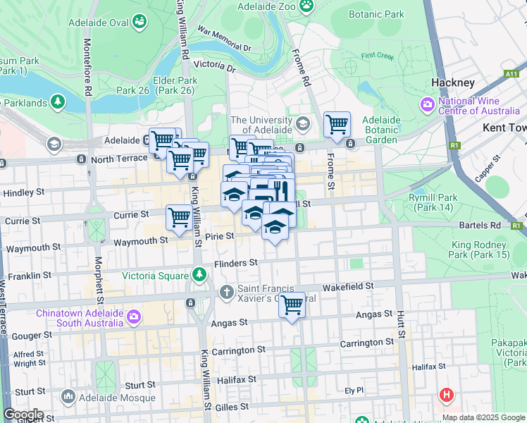 map of restaurants, bars, coffee shops, grocery stores, and more near 115 Grenfell Street in Adelaide