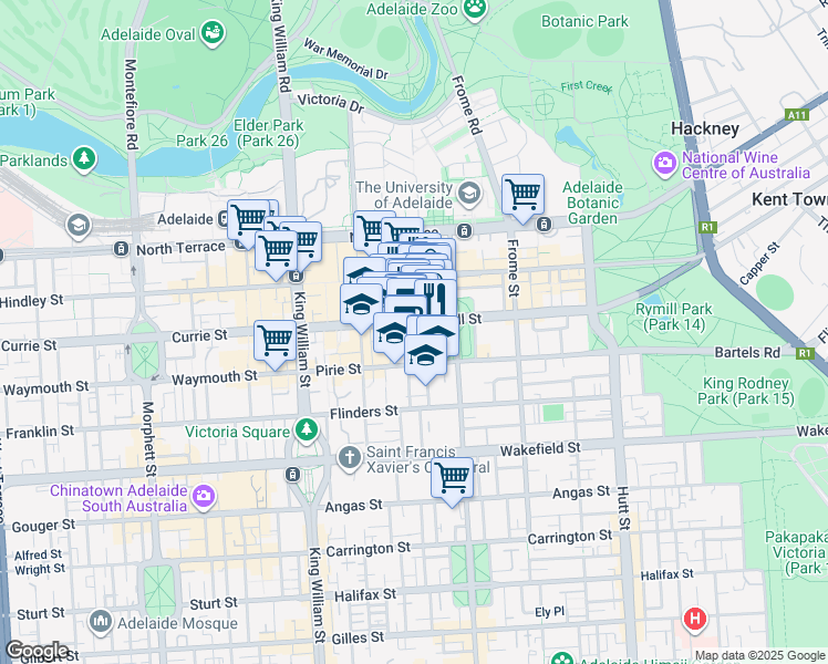 map of restaurants, bars, coffee shops, grocery stores, and more near 115 Grenfell Street in Adelaide