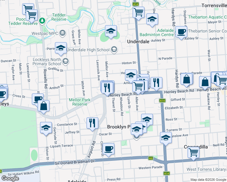 map of restaurants, bars, coffee shops, grocery stores, and more near 322 Henley Beach Road in Underdale