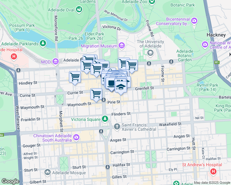 map of restaurants, bars, coffee shops, grocery stores, and more near 45 Grenfell Street in Adelaide