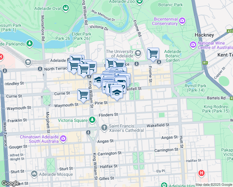 map of restaurants, bars, coffee shops, grocery stores, and more near 91-97 Grenfell Street in Adelaide