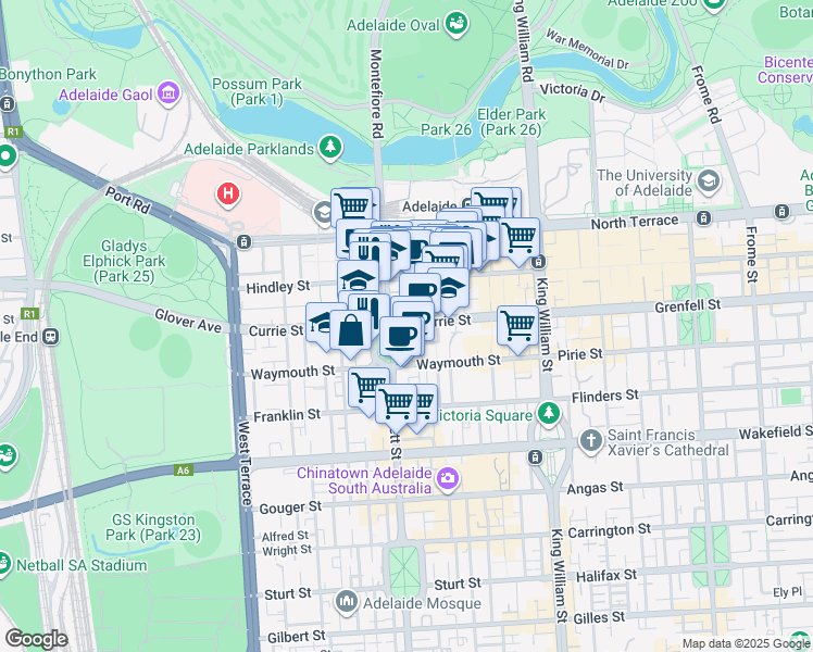 map of restaurants, bars, coffee shops, grocery stores, and more near 139 Currie Street in Adelaide