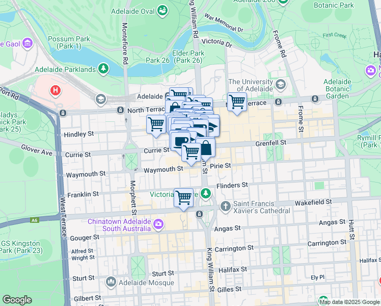 map of restaurants, bars, coffee shops, grocery stores, and more near 91 King William Street in Adelaide