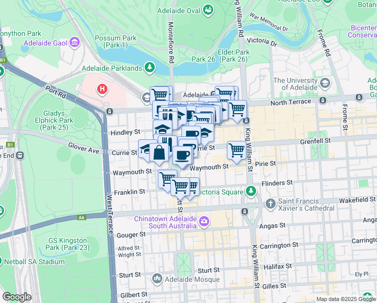 map of restaurants, bars, coffee shops, grocery stores, and more near 139 Currie Street in Adelaide