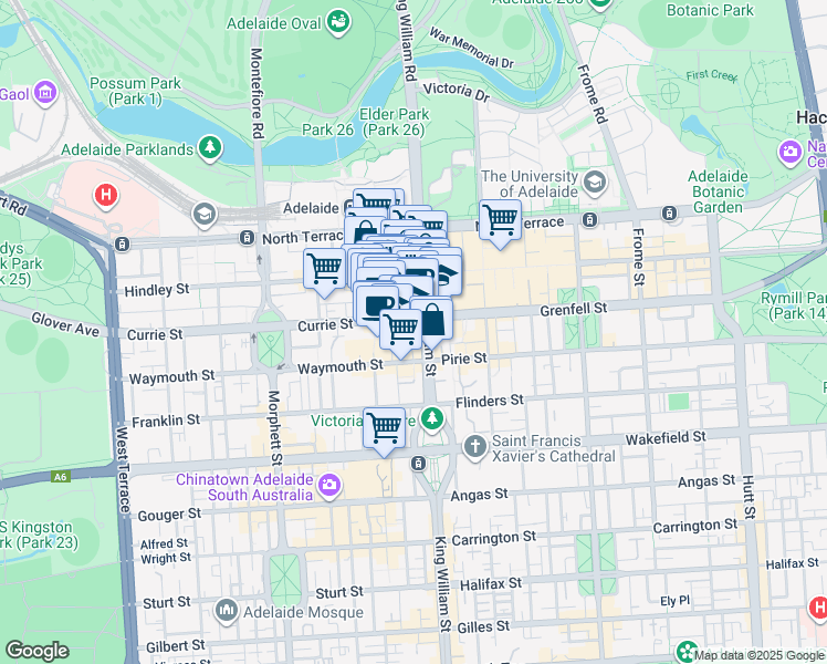 map of restaurants, bars, coffee shops, grocery stores, and more near 91 King William Street in Adelaide
