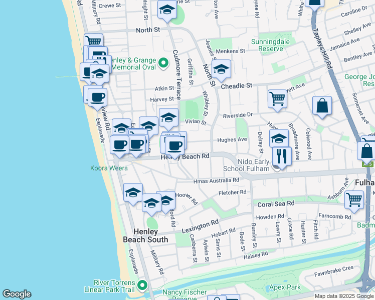 map of restaurants, bars, coffee shops, grocery stores, and more near 52 Henley Beach Road in Henley Beach