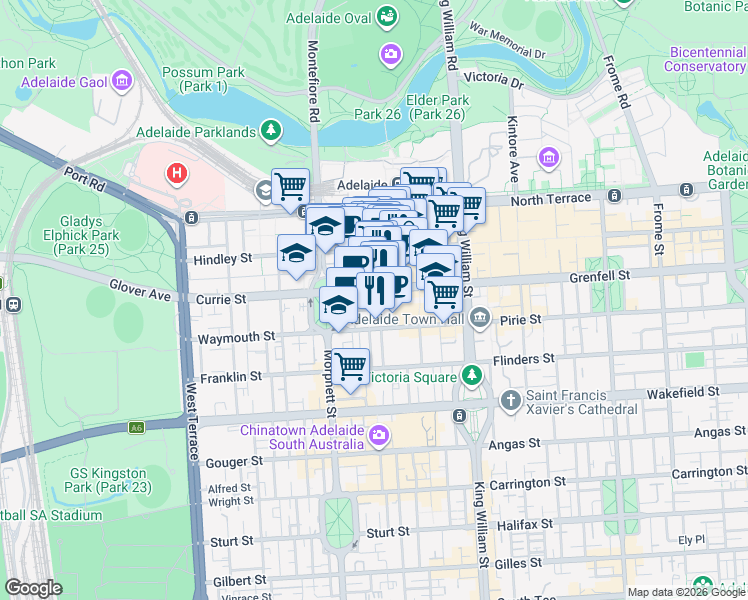 map of restaurants, bars, coffee shops, grocery stores, and more near 101 Currie Street in Adelaide