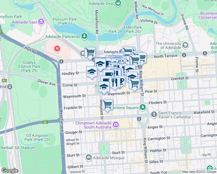 map of restaurants, bars, coffee shops, grocery stores, and more near 60 Light Square in Adelaide